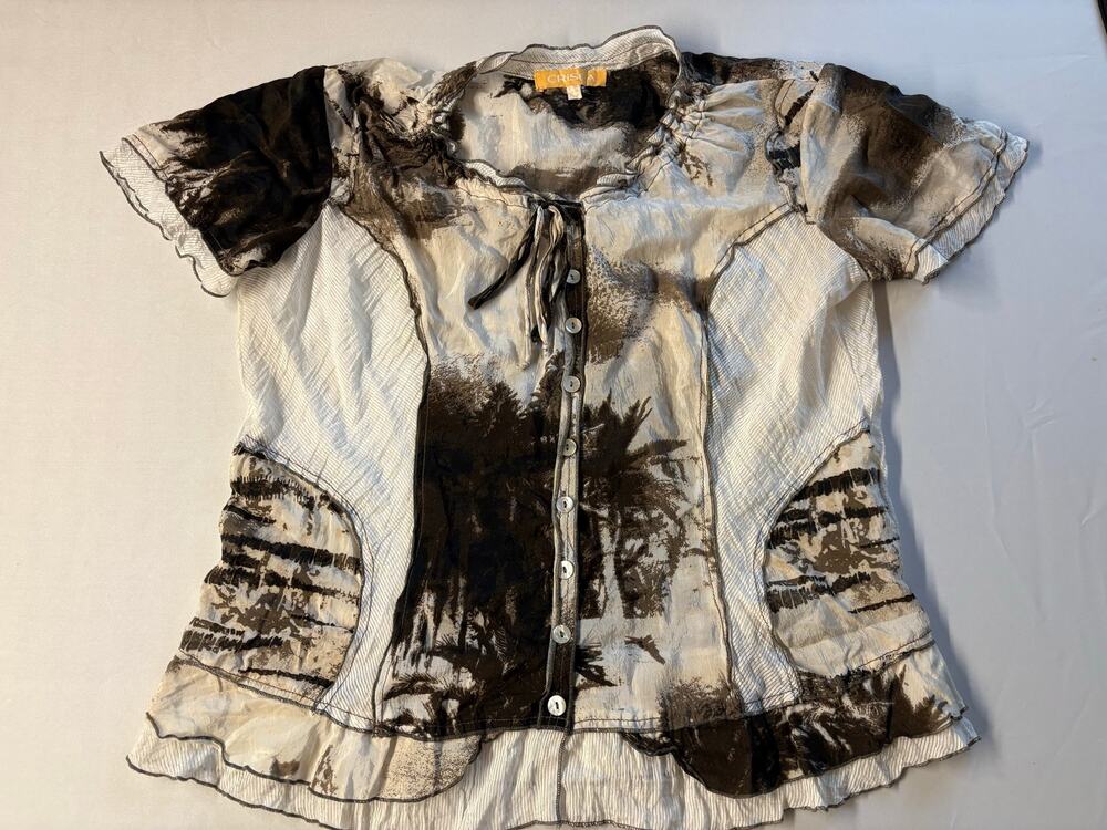 Vintage Y2K Crisca by Escada Fairycore Earth Tone Tie Front Blouse Lettuce Trim